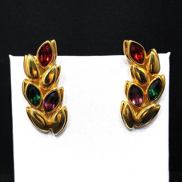 Vintage Swarovski Leaf Earrings, Gold Plated Red Green Purple Rhinestones, 1990s - Picture 5 of 10